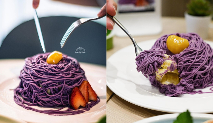 作為香港獨家限定口味的「沖繩紫薯梳乎厘班戟」，是餐廳的另一款必試之作。梳乎厘班戟的外層鋪滿紫薯幼絲，茸狀的紫薯加入了蜜糖以及Mascarphone芝士作為調味，配上鬆軟綿滑的梳乎厘pancake絕對會